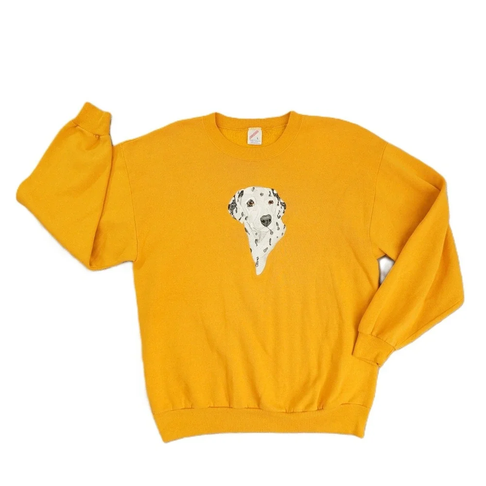 Vintage Jerzees Dalmation Embroidered Yellow Crew Neck Sweatshirt Men's Large US
